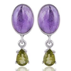 Sterling silver amethyst and peridot dangle earrings with oval and teardrop gemstones main view