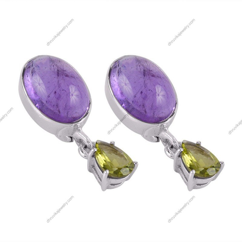 Sterling silver amethyst and peridot dangle earrings with oval and teardrop gemstones alternate image