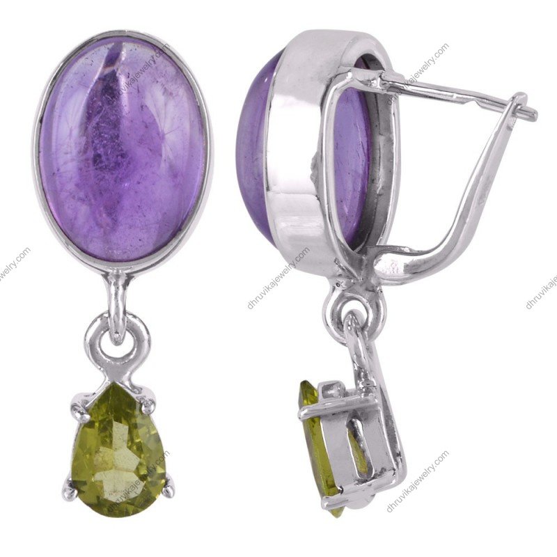 Sterling silver amethyst and peridot dangle earrings with oval and teardrop gemstones view1