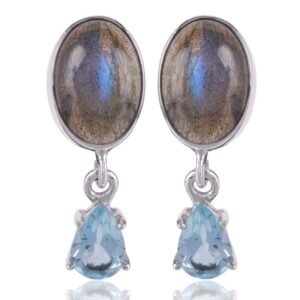 Labradorite and blue topaz silver dangle earrings with sterling silver setting main view