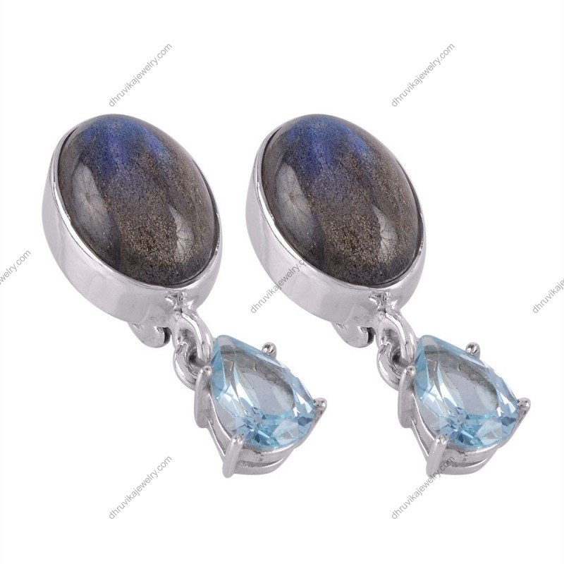 Labradorite and blue topaz silver dangle earrings with sterling silver setting alternate image