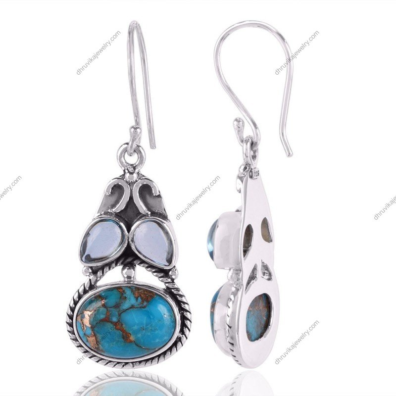 Blue Copper Turquoise & Blue Topaz silver earrings with sterling silver detailing view1