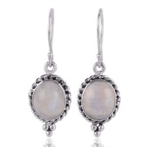 Sterling silver moonstone earrings with oval gemstone and twisted rope detail main view