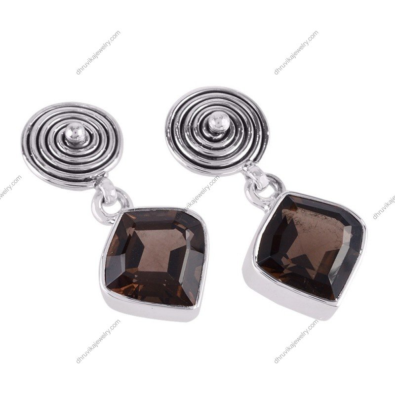 Silver smoky quartz dangle earrings with swirl stud design alternate image