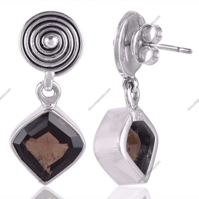 Silver smoky quartz dangle earrings with swirl stud design view1