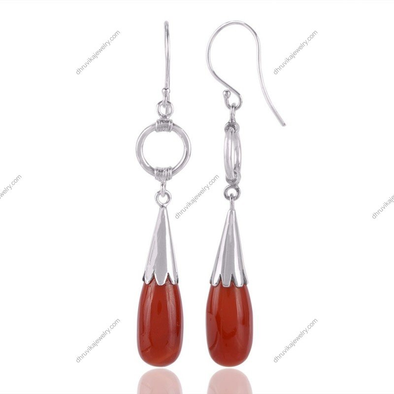 Handcrafted silver carnelian dangle earrings with sterling silver and deep red gemstones view1