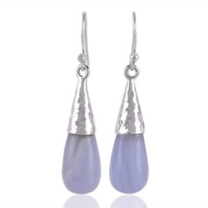 Sterling silver and chalcedony drop earrings with hand-hammered silver caps, elegant teardrop design main view