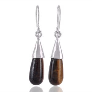 Silver tiger’s eye drop earrings in 925 sterling silver, handcrafted gemstone jewelry main view