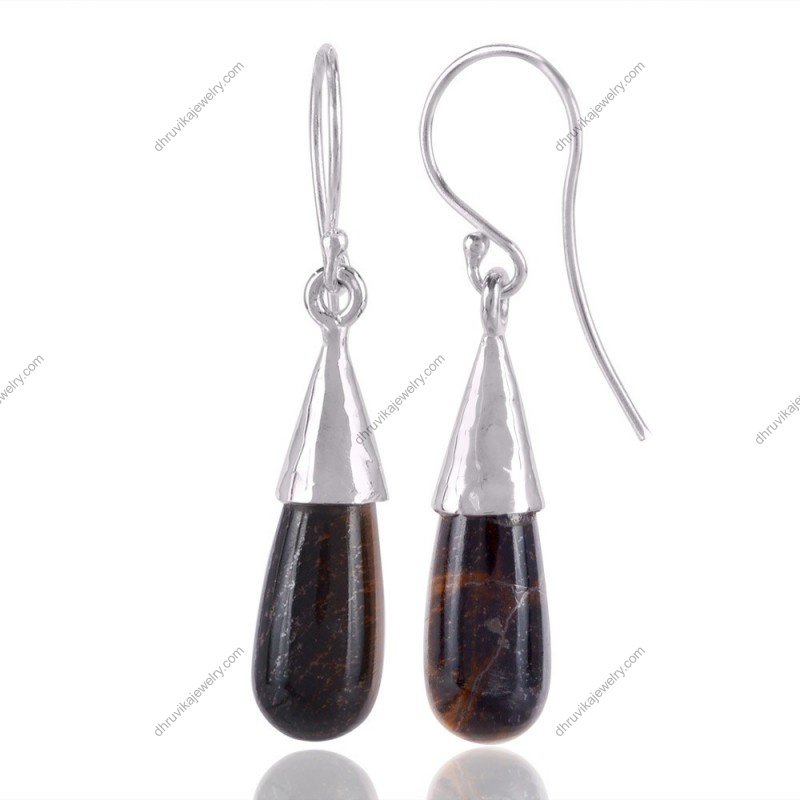 Silver tiger’s eye drop earrings in 925 sterling silver, handcrafted gemstone jewelry view1