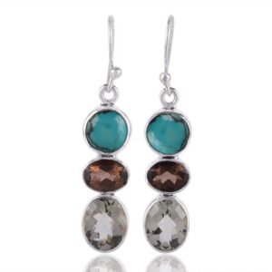 Sterling silver multi-gemstone dangle earrings with turquoise, smoky quartz, and crystal main view