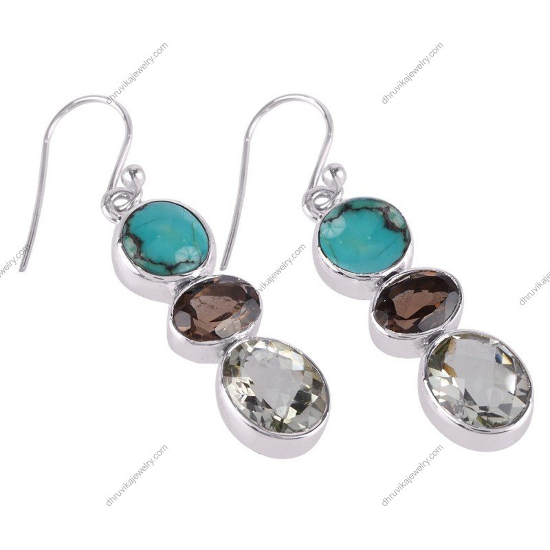 Sterling silver multi-gemstone dangle earrings with turquoise, smoky quartz, and crystal alternate image