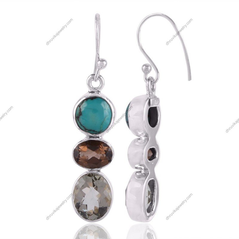 Sterling silver multi-gemstone dangle earrings with turquoise, smoky quartz, and crystal view1