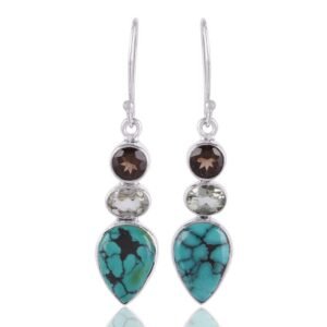 Sterling silver turquoise dangle earrings with smoky quartz and green amethyst gemstones main view