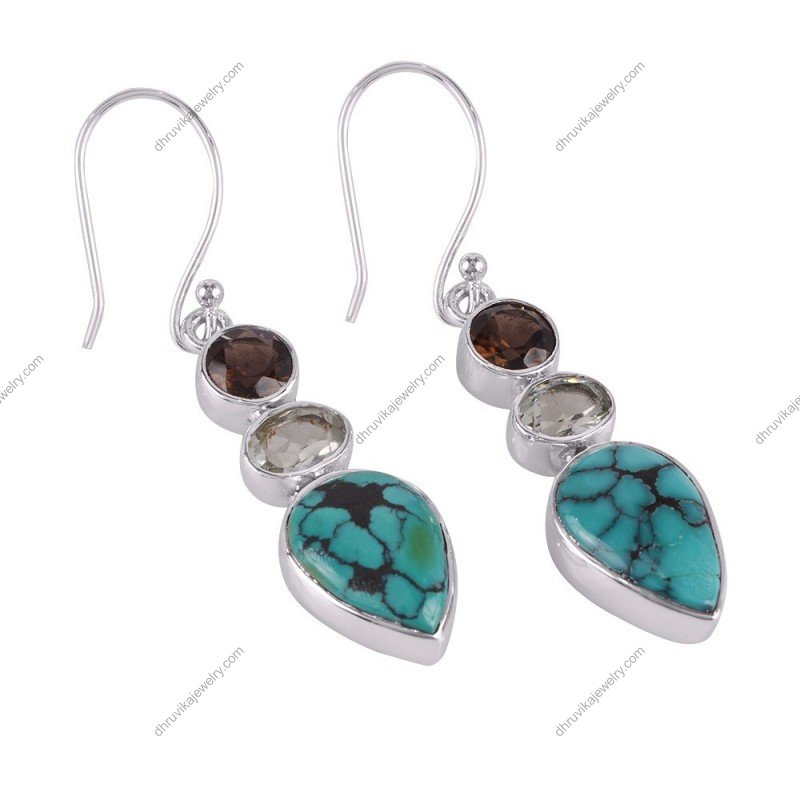 Sterling silver turquoise dangle earrings with smoky quartz and green amethyst gemstones alternate image