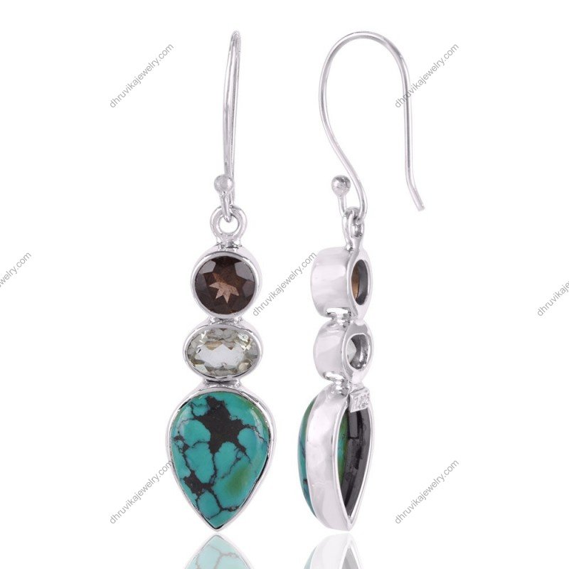 Sterling silver turquoise dangle earrings with smoky quartz and green amethyst gemstones view1