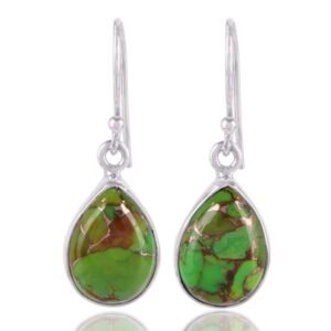 Sterling silver teardrop green turquoise dangle earrings with unique veining main view