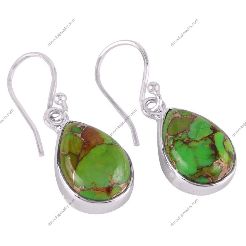 Sterling silver teardrop green turquoise dangle earrings with unique veining alternate image