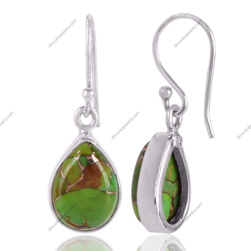 Sterling silver teardrop green turquoise dangle earrings with unique veining view1