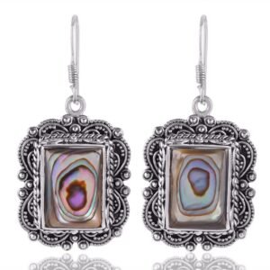 Sterling silver abalone drop earrings with vintage filigree design main view