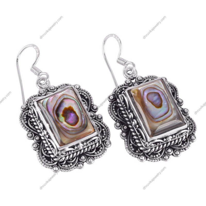 Sterling silver abalone drop earrings with vintage filigree design alternate image