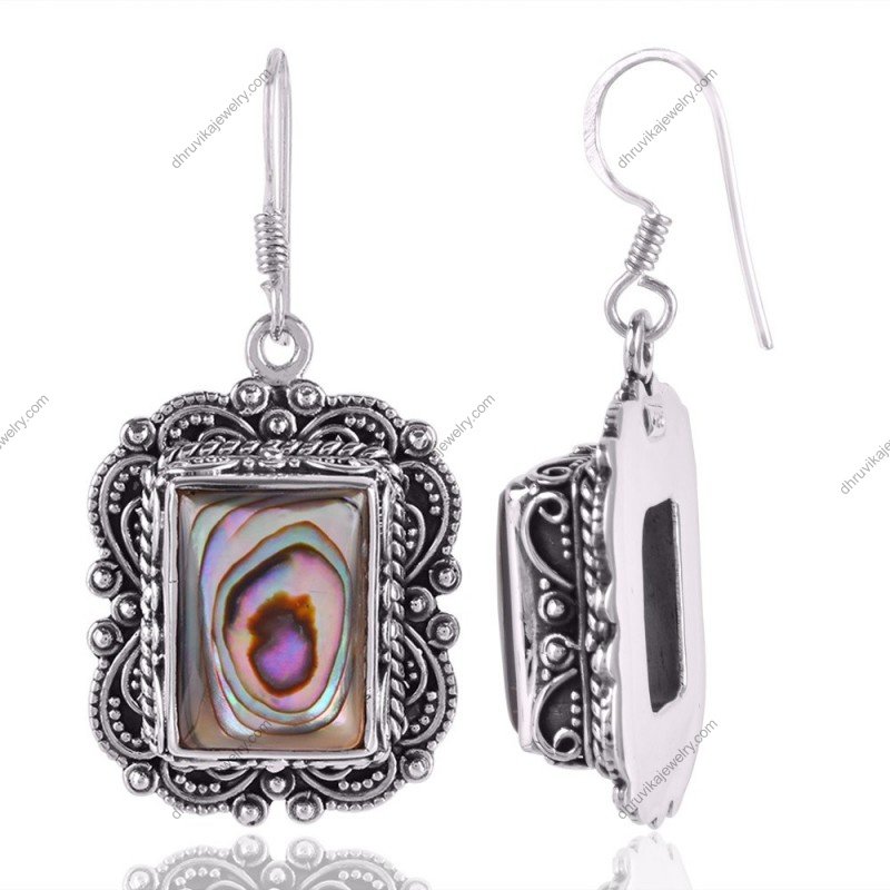 Sterling silver abalone drop earrings with vintage filigree design view1