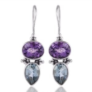 Sterling silver amethyst and blue topaz dangle earrings with a vibrant gemstone setting main view