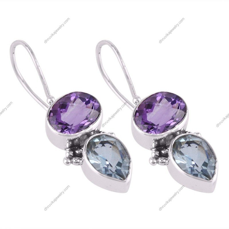 Sterling silver amethyst and blue topaz dangle earrings with a vibrant gemstone setting alternate image