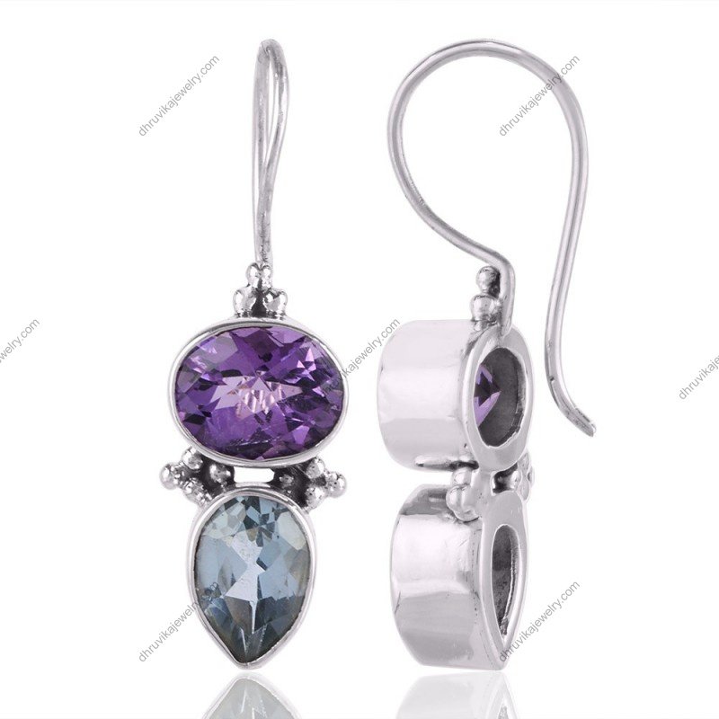 Sterling silver amethyst and blue topaz dangle earrings with a vibrant gemstone setting view1
