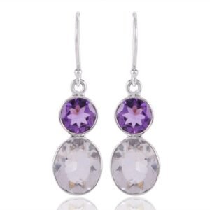 Sterling silver amethyst and quartz drop earrings with faceted gemstones main view