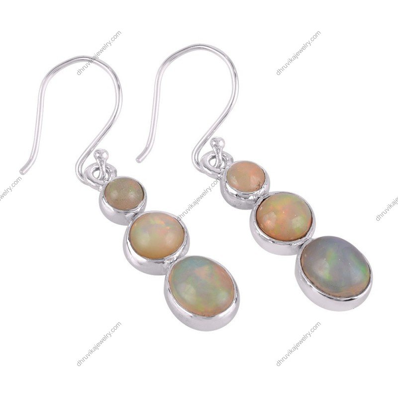 Handcrafted silver opal dangle earrings with sterling silver setting and luminous gemstone design alternate image