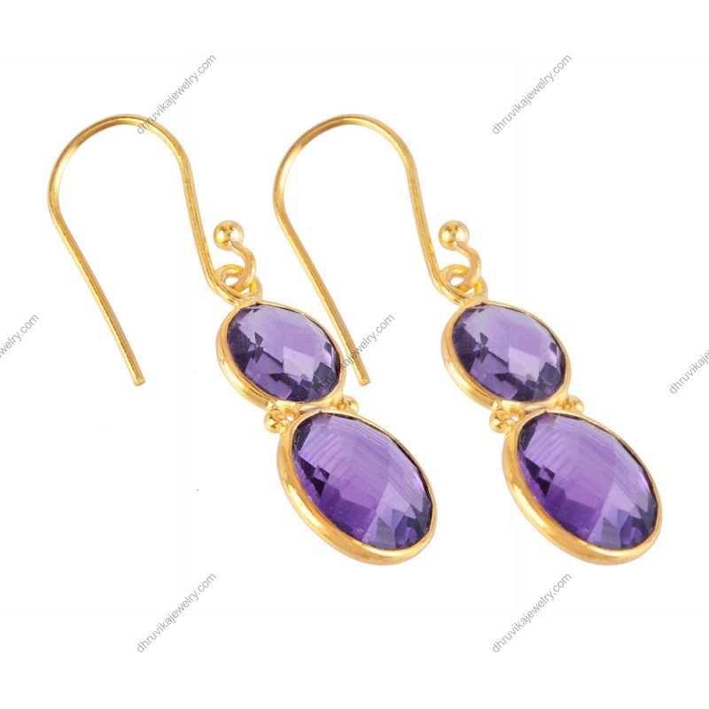 Silver amethyst drop earrings with faceted gemstones in sterling silver setting alternate image