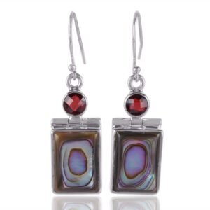 Sterling silver abalone and garnet dangle earrings with handcrafted design main view