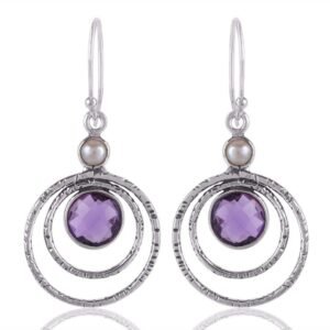 Silver amethyst dangle earrings with pearl accent, handcrafted sterling silver jewelry main view