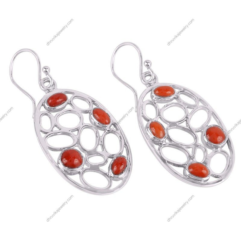 Elegant silver coral dangle earrings with intricate silverwork and vibrant red coral gemstones alternate image