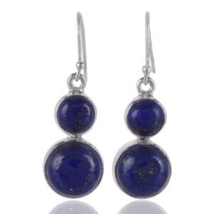 Sterling silver lapis lazuli dangle earrings with blue gemstones and natural golden flecks main view