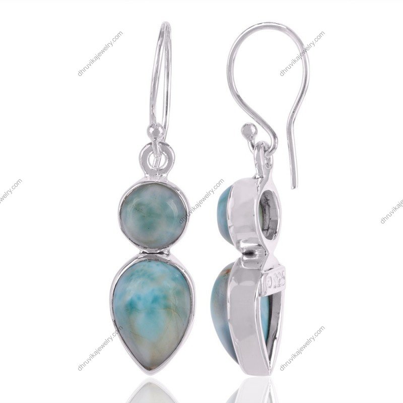Sterling silver Larimar drop earrings with blue gemstones in handcrafted setting view1