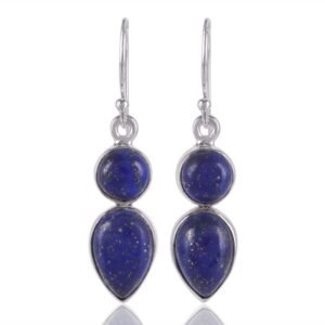 Sterling silver lapis lazuli dangle earrings with deep blue gemstones and gold specks main view