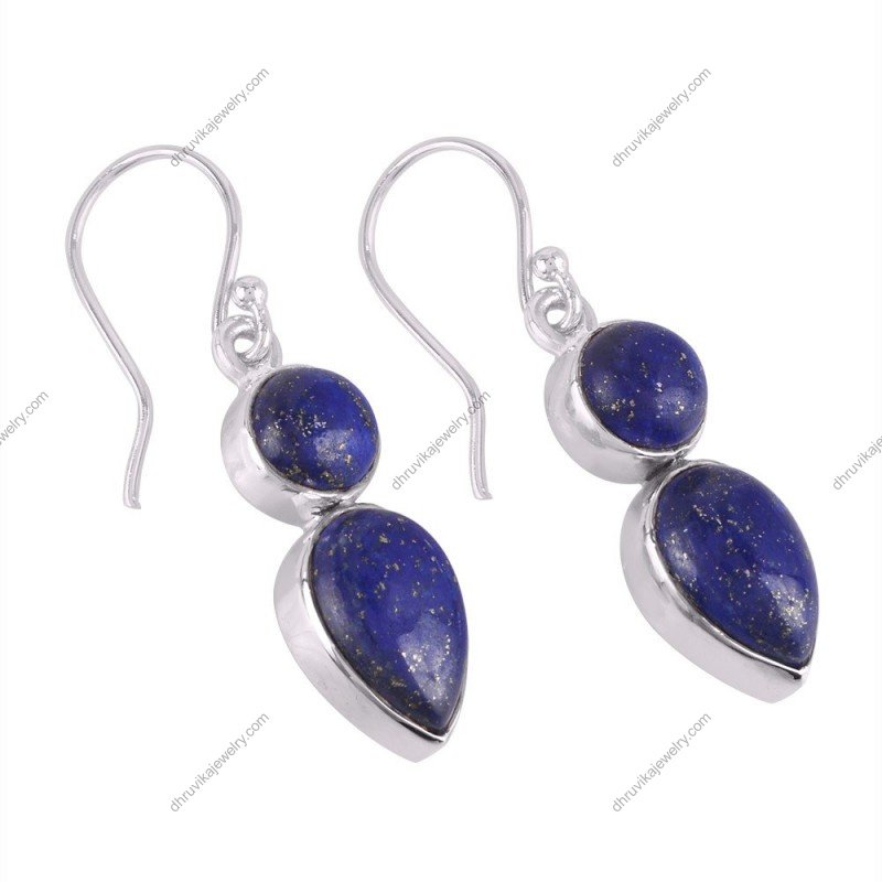 Sterling silver lapis lazuli dangle earrings with deep blue gemstones and gold specks alternate image