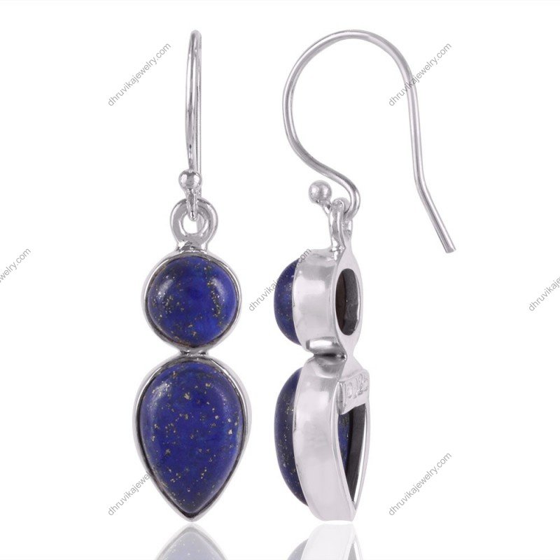 Sterling silver lapis lazuli dangle earrings with deep blue gemstones and gold specks view1