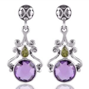 Sterling silver amethyst and peridot dangle earrings with intricate scrollwork, handcrafted main view