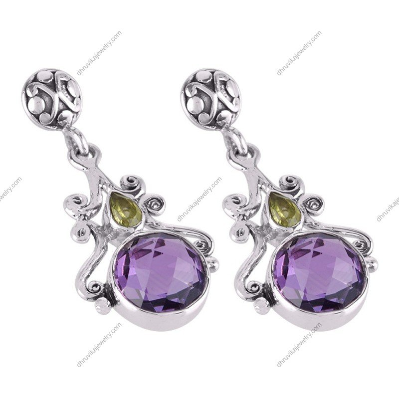 Sterling silver amethyst and peridot dangle earrings with intricate scrollwork, handcrafted alternate image