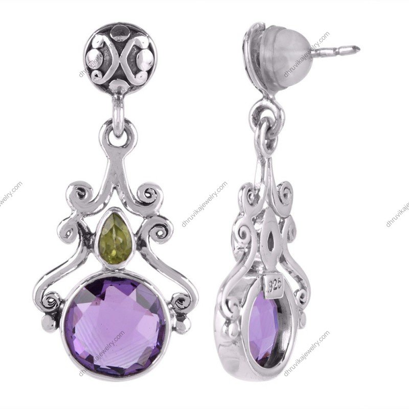 Sterling silver amethyst and peridot dangle earrings with intricate scrollwork, handcrafted view1
