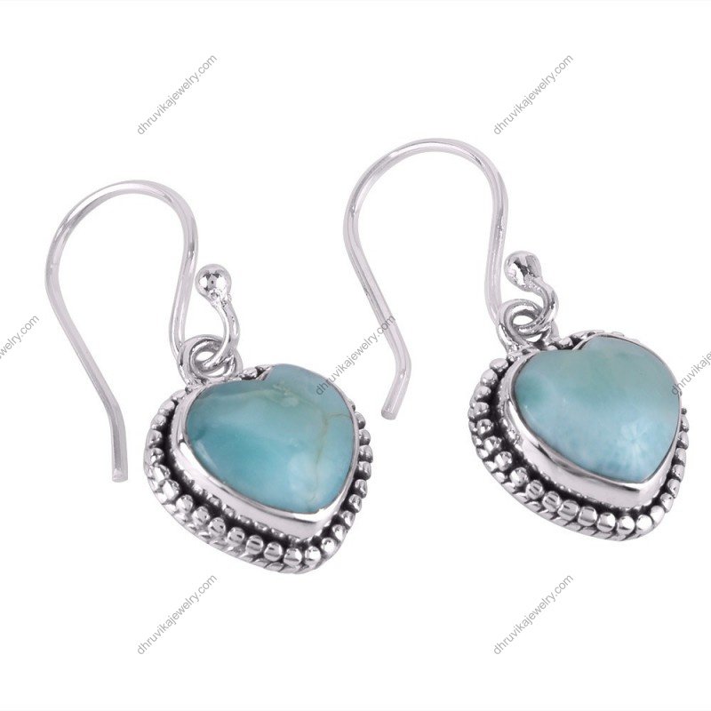 Sterling silver heart Larimar earrings with beaded detailing and blue gemstones alternate image