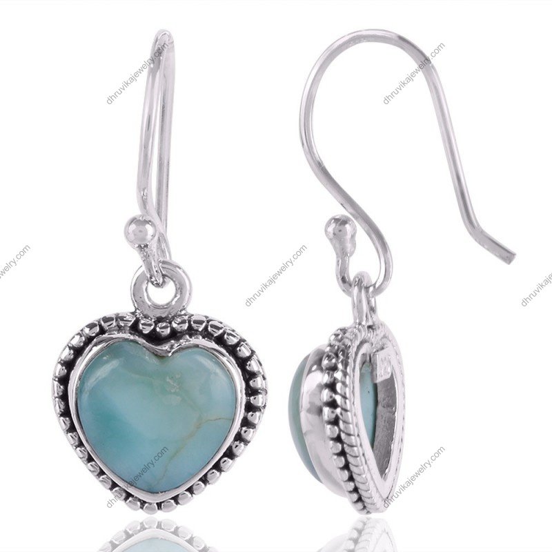 Sterling silver heart Larimar earrings with beaded detailing and blue gemstones view1