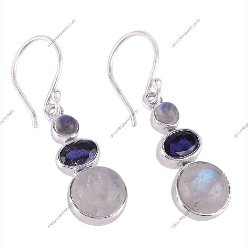 Sterling silver moonstone and iolite dangle earrings with genuine gemstones alternate image