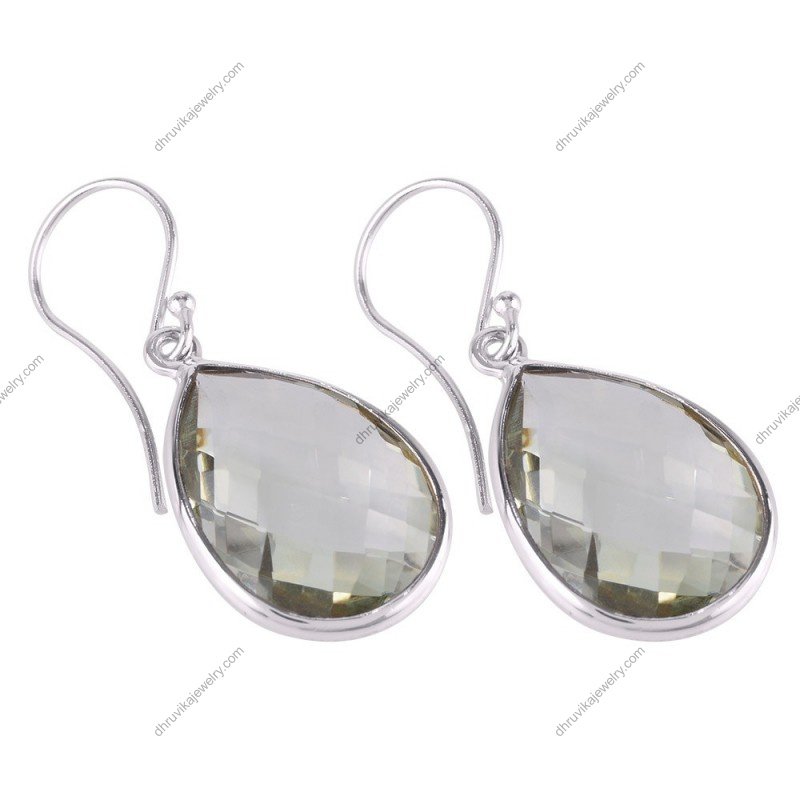 Sterling silver green amethyst teardrop earrings with faceted gemstones alternate image