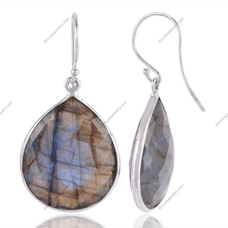 Silver labradorite teardrop earrings in sterling silver with shimmering natural stones view1