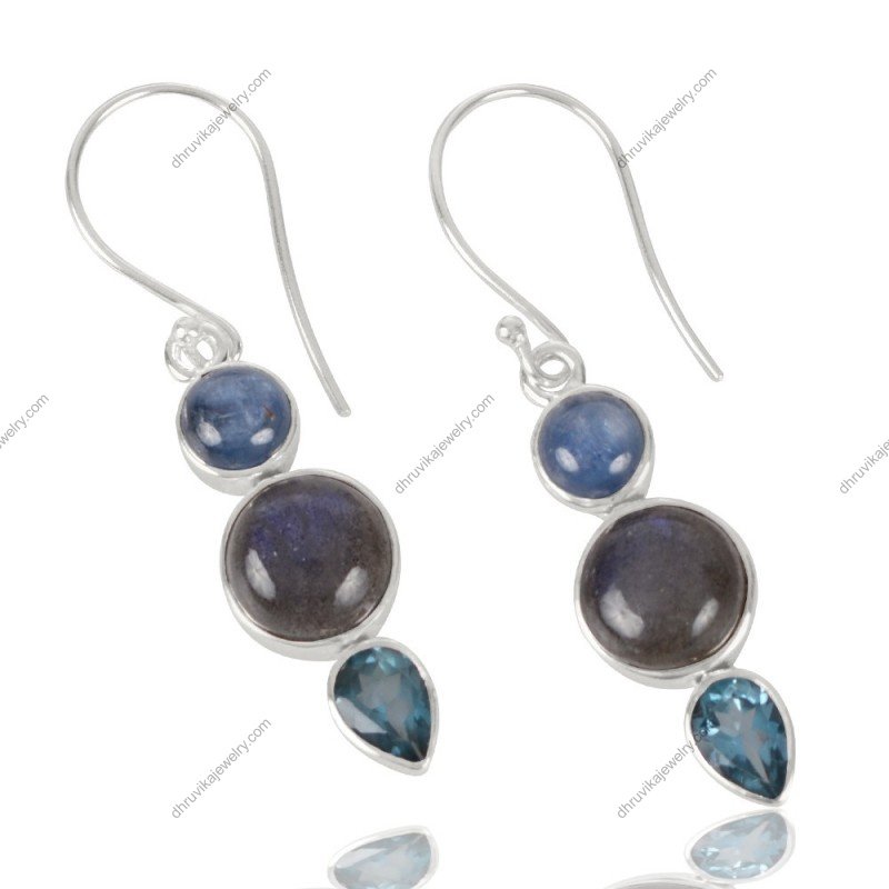 Sterling silver labradorite and kyanite dangle earrings with London blue topaz alternate image