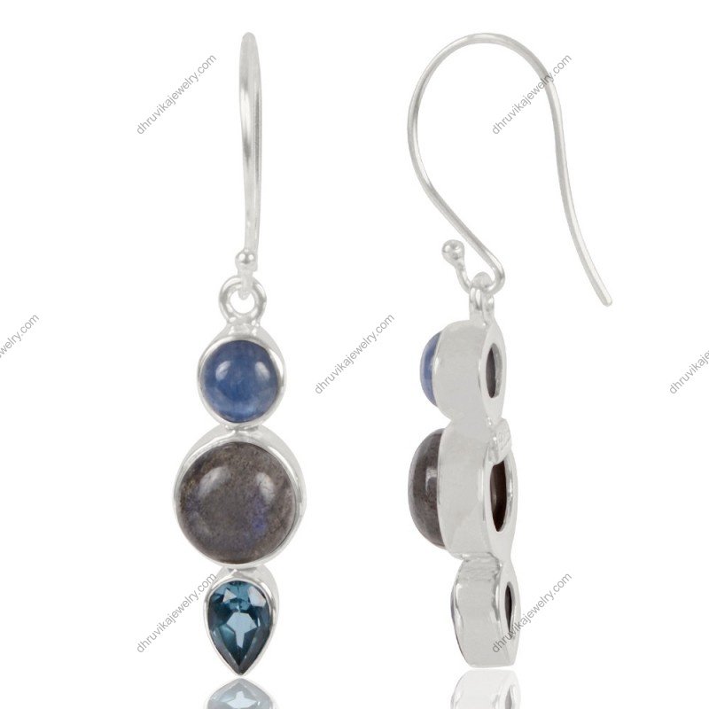 Sterling silver labradorite and kyanite dangle earrings with London blue topaz view1