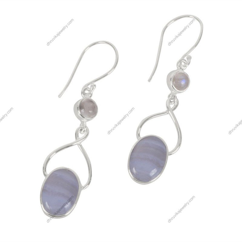 Elegant Blue Lace Agate & Rainbow Moonstone Earrings in sterling silver, perfect for daily wear and special occasions alternate image